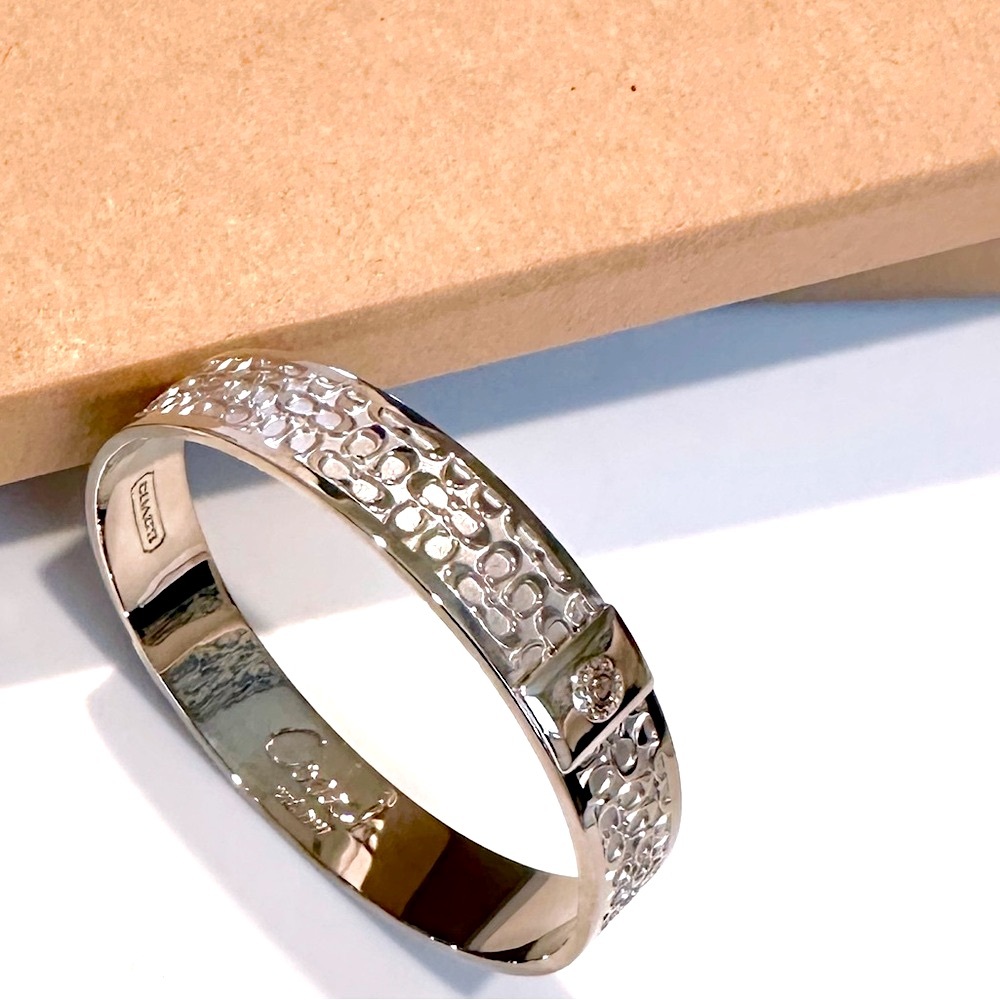 COACH Silver Signature Engraved Logo Bangle NWOT - Picture 3 of 12